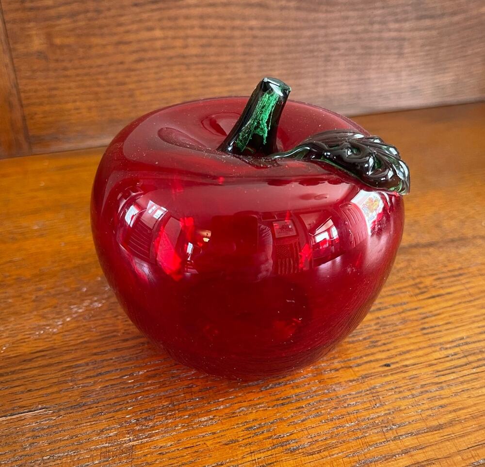 Glass Apple Hand Blown Art Glass Fruit Red & Green Paperweight 3.5" Teacher Gift